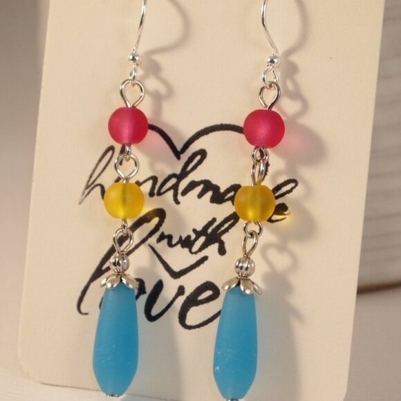 Handmade Colorful Sea Glass Beaded Dangle Pierced or Clip-on Earrings - Picture 6 of 7